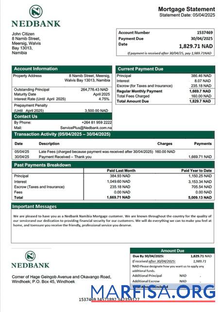 Printable Namibia Nedbank Namibia Limited mortgage statement Word and PDF template